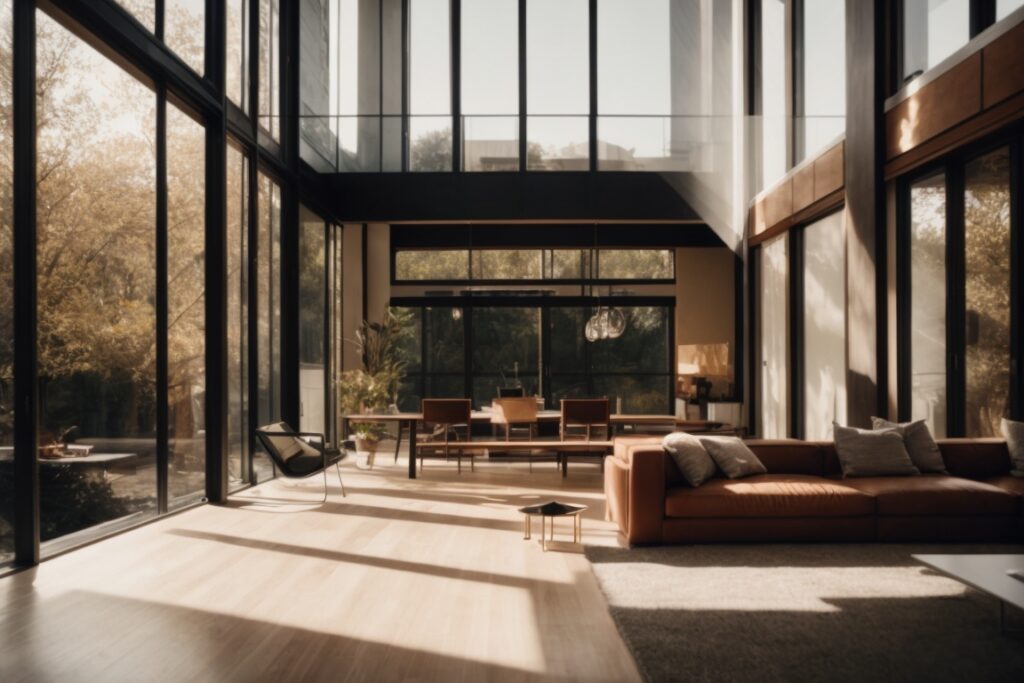 Modern home interior with tinted windows and sunlight filtering through