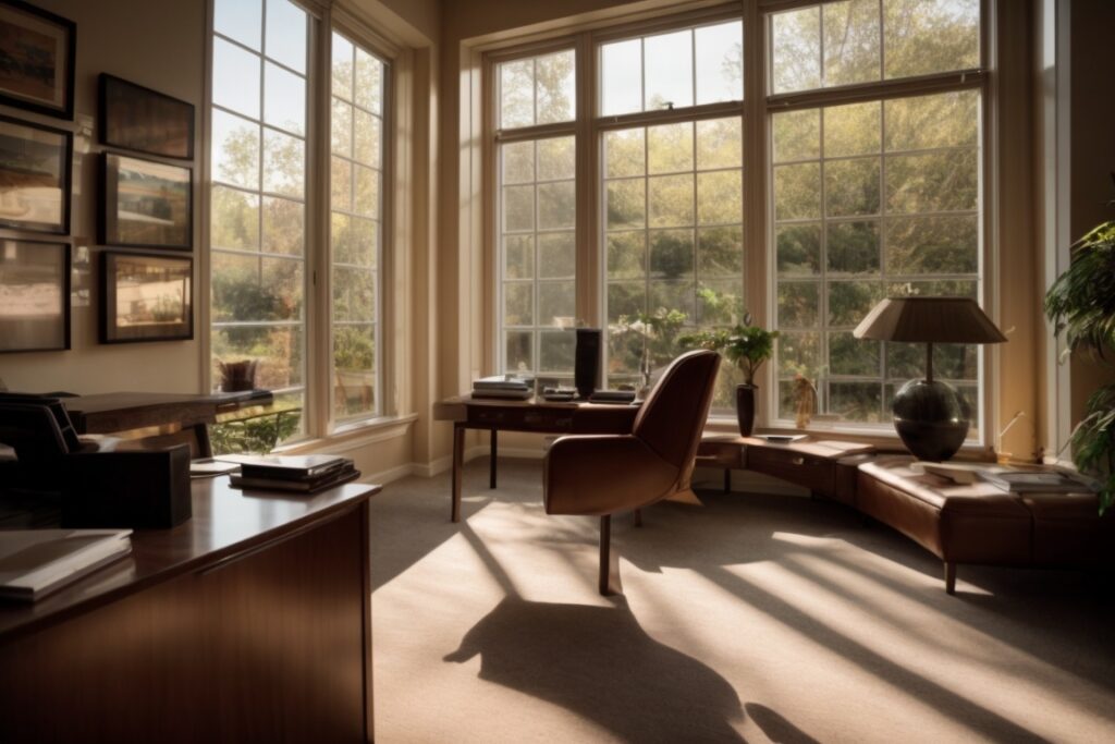 interior home office with sunlight filtering through tinted windows