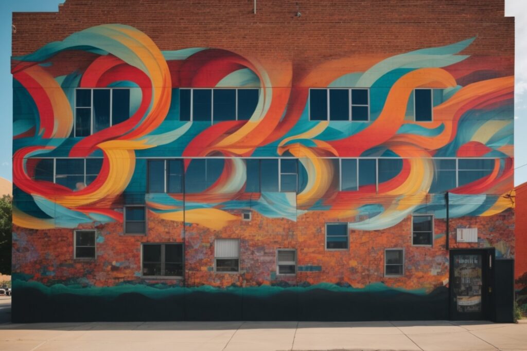 Vinyl wrapped building in Kansas City with vibrant murals