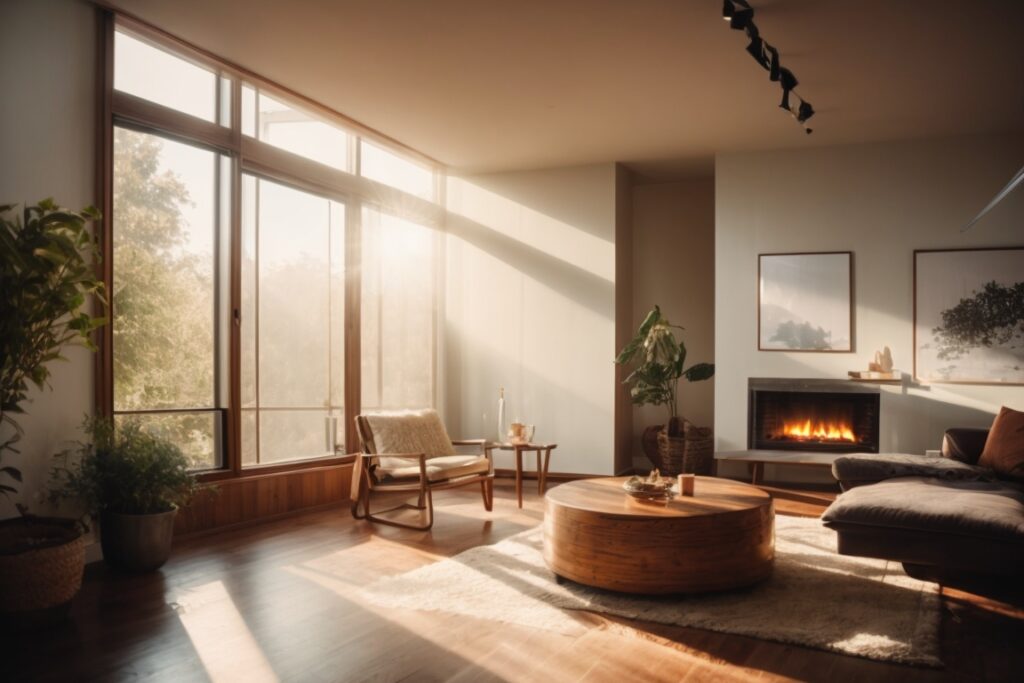 Sunlight filtering through a window with glare window film, cozy home interior