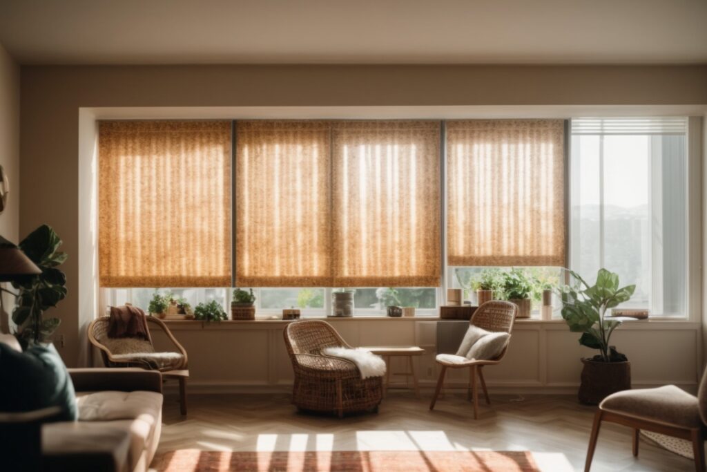 Interior room illuminated by natural light through patterned window film, cozy ambiance, without furniture fade