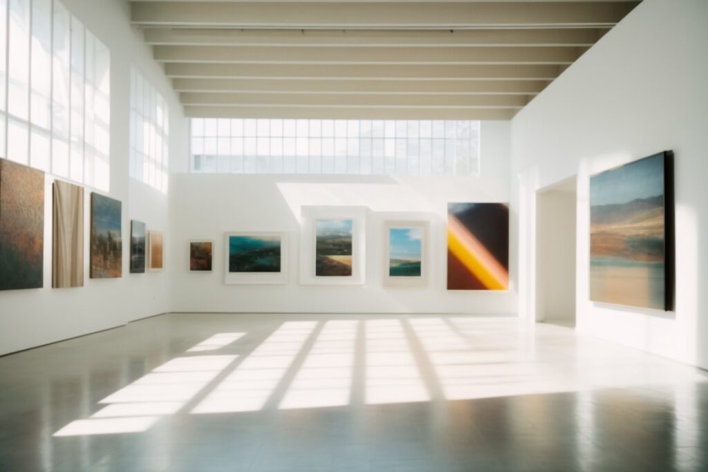Art gallery interior with natural light filtering through spectrally selective window film