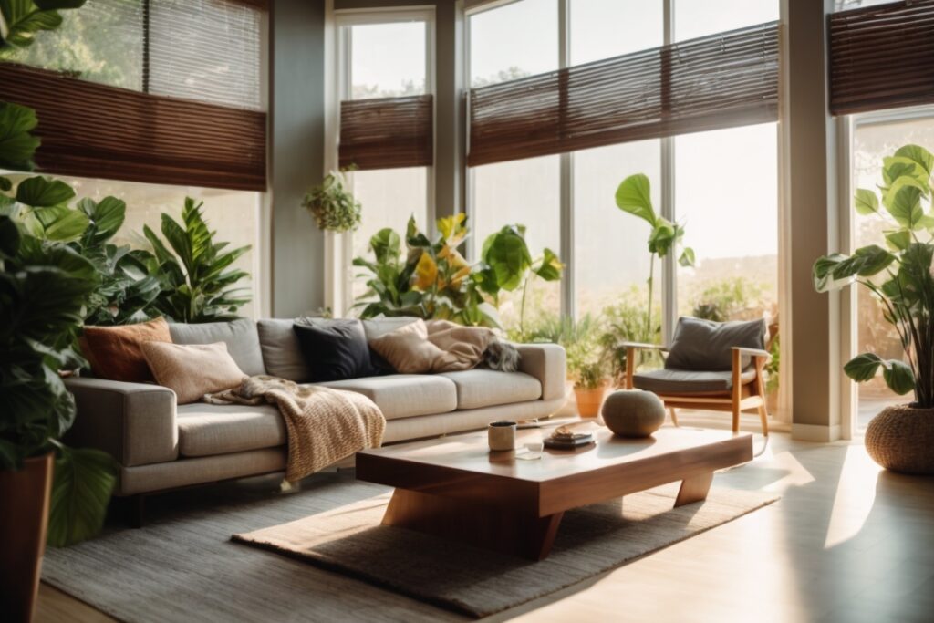 Modern living room with energy-saving window film, bright sunlight filtered through, comfortable furniture, and indoor plants