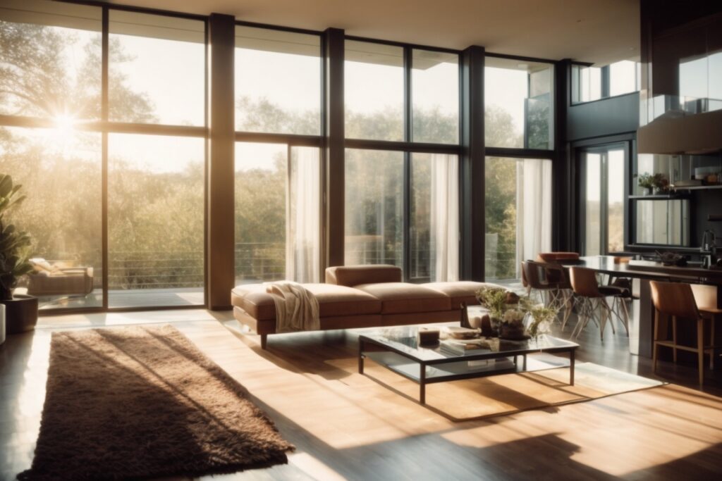 Modern home interior bathed in sunlight with visible solar control window film on windows