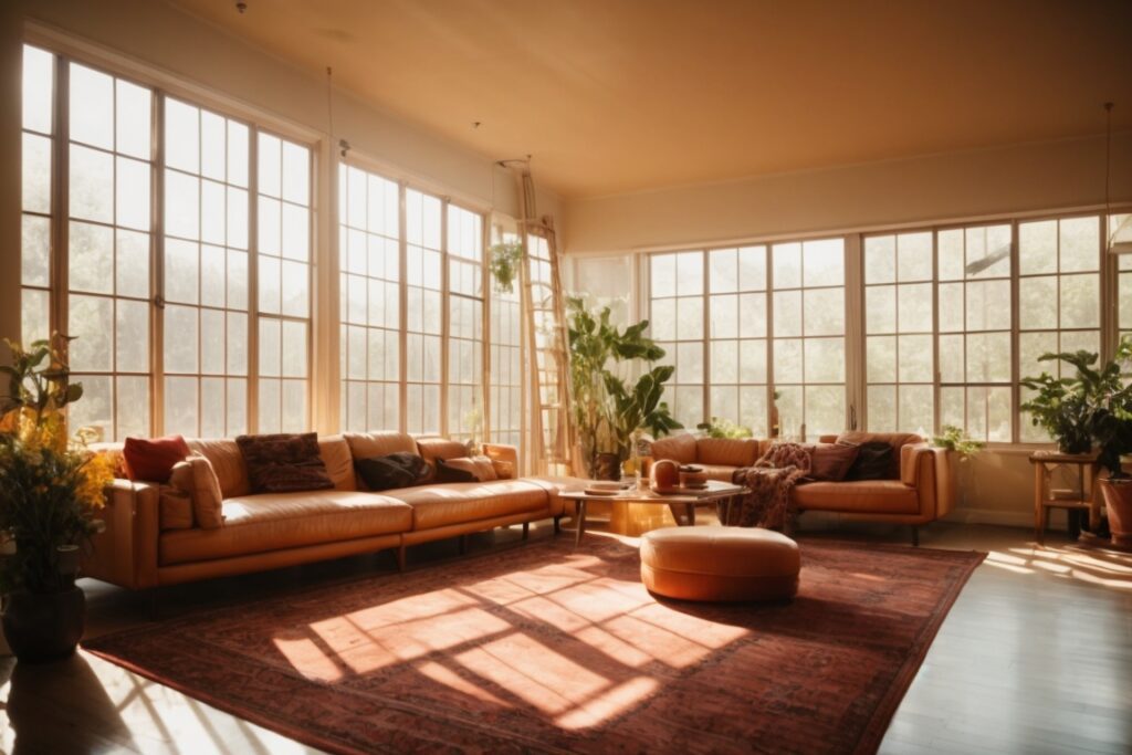 vibrant interior room with sunlight filtering through windows
