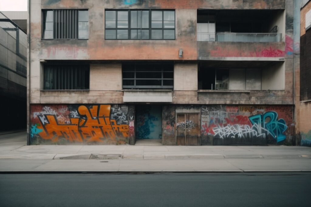 Building with graffiti and installed anti-graffiti film in urban setting