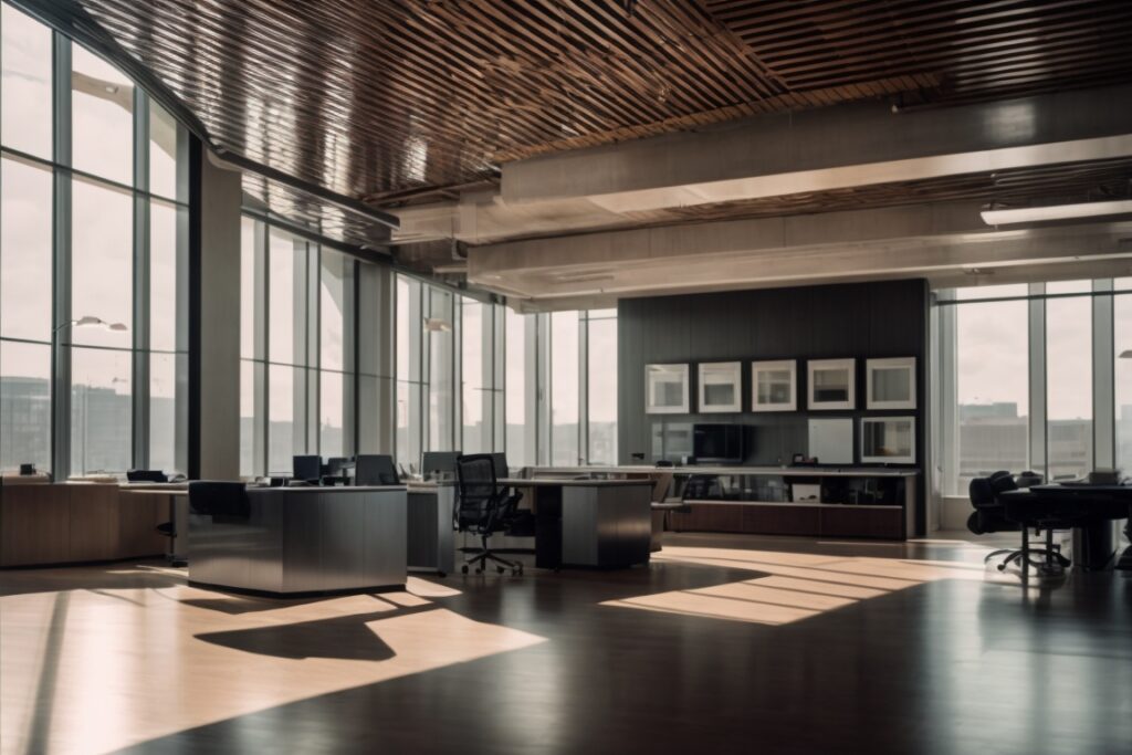 Modern commercial office with opaque windows and natural light filtering in, Kansas City