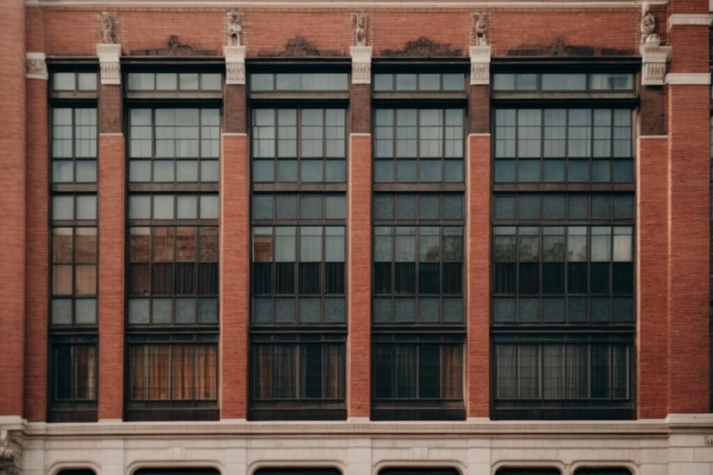 Historic Kansas City building with unique window designs and window films