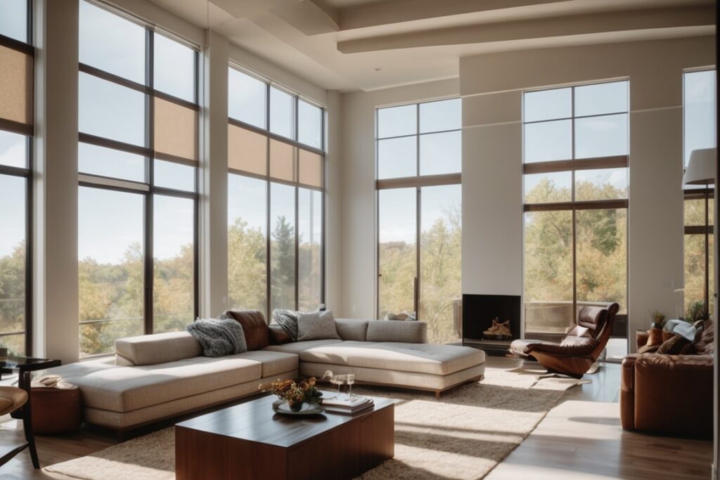 modern living room with UV protective window tinting in Kansas City home