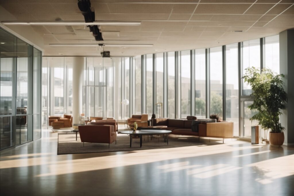 Office interior in Kansas City with sunlight filtering through glare reduction window film