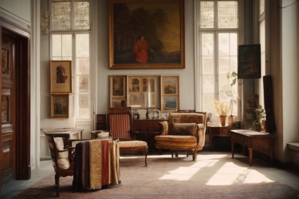 Historical building interior with sunlit vintage textiles and artworks