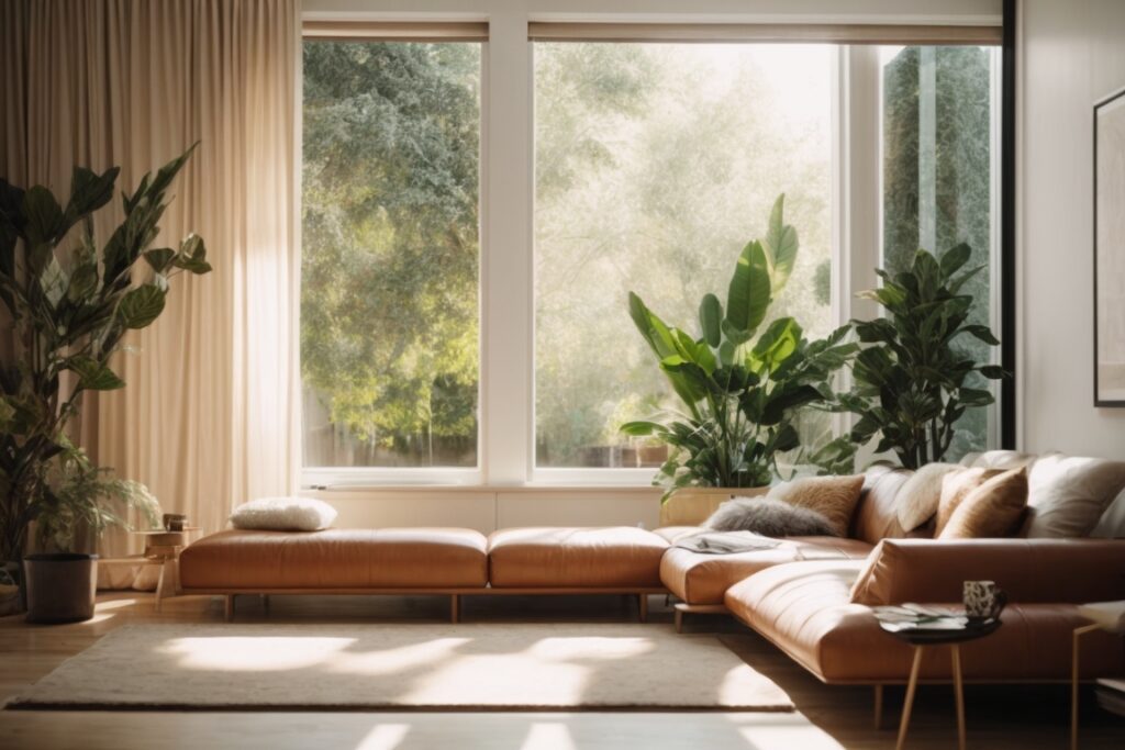 Modern living room with opaque privacy window film and sunlight filtering through